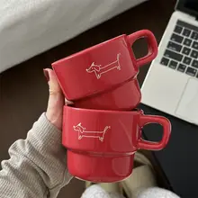 ウィンターデザインの陶器製キャラクターカップ【カラフル・犬のイラスト・コーヒー用】