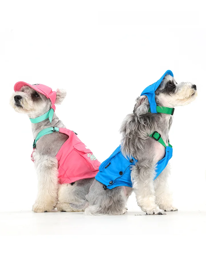 ペット用コットン素材の工事風タンクトップ【アウトドア犬猫用・リード付き・ハーネスデザイン】