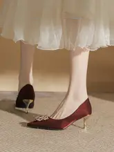 パンプス レディース サテン  ラインストーンバックル ハイヒール レッド 疲れにくい ウェディング 披露宴 パーティー 花嫁シューズ