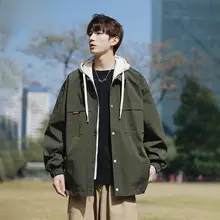 Wassup Happy メンズ秋冬用フード付きジャケット【ゆったりサイズ・偽2点セット・カーゴスタイル】