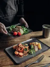 アンティーク風 マット仕上げ304ステンレス製トレー【長方形・ステーキ皿・西洋料理用】