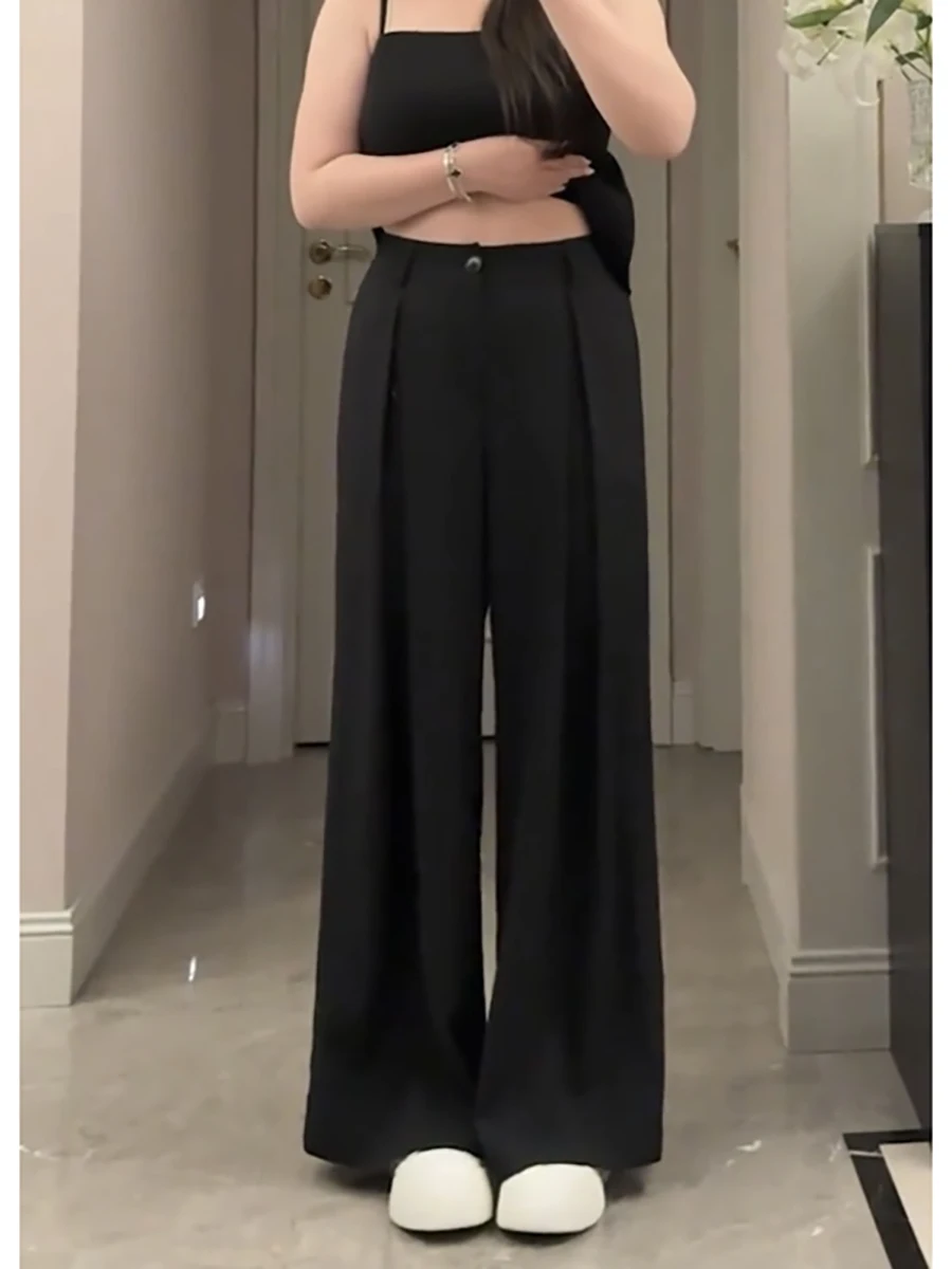 高腰ストレートパンツ【ブラック・夏用・体型カバー・フィット】（セットアップ対応） 春コーデに最適なパンツ