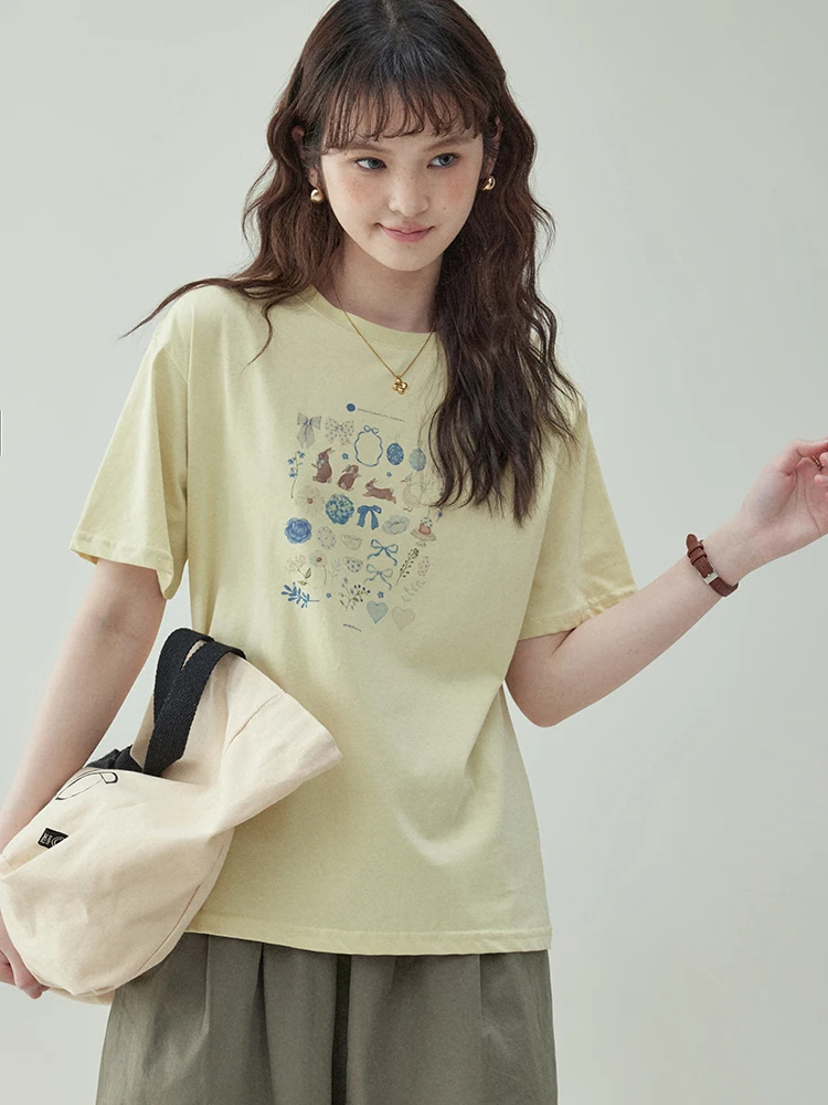 ファッショナブルなプリント丸首落ち袖デザインのフィットTシャツ【レディース・コットン・夏用・短袖】