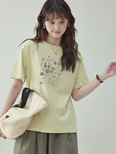 ファッショナブルなプリント丸首落ち袖デザインのフィットTシャツ【レディース・コットン・夏用・短袖】