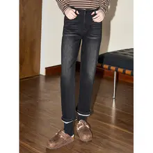 KUNMAV 黒色 ウォッシュド 加フリースデニムパンツ【高腰・スリムフィット・カジュアルストレート】