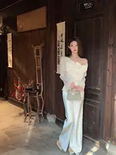 夏用サテン風白色ワイドパンツ【高腰・フィット・ルーズスタイル】
