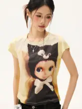 アメリカンカートゥーンプリントの涼感Tシャツ【女性用・フリル袖・ラウンドネック・スリムフィット】
