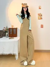カジュアルなデニムオーバーオール【春用・ワイドシルエット・カーキ色・女性用】（セットアップ対応）