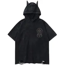ストリートスタイル フード付き 半袖Tシャツ【ゆったりシルエット・カジュアル用・洗い加工】