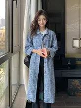 チェック柄デニムロングコート【秋用・ゆったりシルエット・レトロ風】