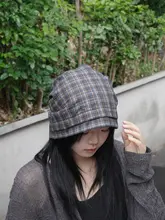 ニット帽 レディース チェック柄 ヴィンテージ ドローストリング アレンジ自在 深被り 秋冬