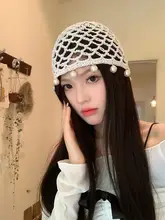 ボヘミアンスタイルの手編みレースパール付きニットキャップ【透湿性・薄手】