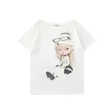 Y2Kスタイルのドールプリント半袖Tシャツ【フィット・透け感・斜め肩デザイン】