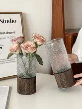 透明ガラス花瓶【水耕用・木製トレイ付き・リビング用インテリア】
