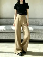 カーキ色のウエストハイワイドパンツ【夏用・フィット・小柄サイズ対応】（セットアップ対応）