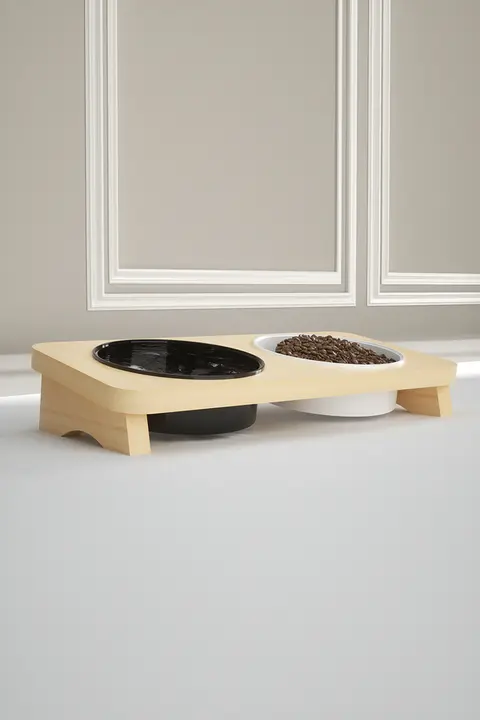 猫用 陶器製ご飯ボウル【木製黒スタンド・倒れ防止・水用ボウル付き】
