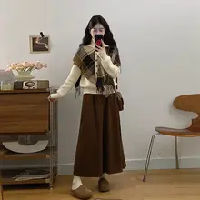 大きいサイズの韓国風コーデ！チェック柄ニットカーディガン＆スカート（セットアップ対応）