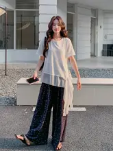 セットアップ 2点セット レディース メッシュトップス アシンメトリー プリントワイドパンツ 夏