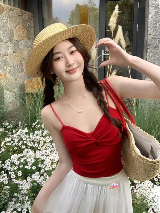 赤いキャミソール【胸パッド付き・フリルデザイン・スタイリッシュ】（セットアップ対応）