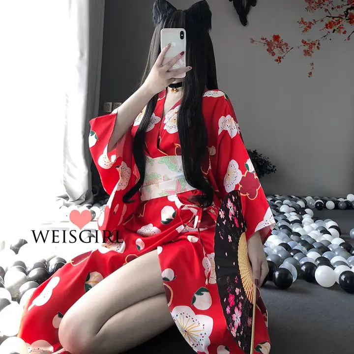 日本風桜柄ロング着物【束腰・大紅色・ゆったりしたデザイン・舞台用】