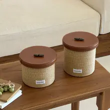 デスク用収納ボックス【化粧品収納・蓋付き・ラタン風レザー製】