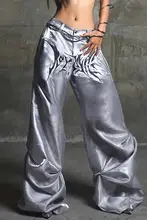 街頭スタイルのシルバー暗黒風サテンプリーツパンツ【フィット・ダンス用】