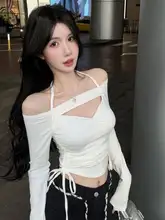 コットン一字肩レースアップ長袖Tシャツ【春秋用・薄手・セクシー・フィットデザイン】