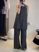 大きいサイズのファッションカジュアル深灰色キャミソールと  パンツ【夏用・トレンドコーディネート】（セットアップ対応）