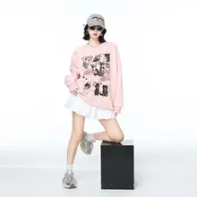 春秋用 プリント入りカジュアルスウェットシャツ【ピンク・ルーズフィット・クルーネック】