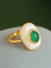 天然グリーンメノウと白貝母のリング【高級感あるデザイン・純銀金メッキ・サイズ調整可能】