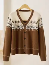 フェアアイル柄春竹ウールカーディガン【Vネック・厚手・保温性】