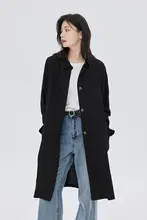 リネン製ポロカラー開衿ポケット付き中長丈シャツジャケット【秋用・ゆったりフィット・ブラック】