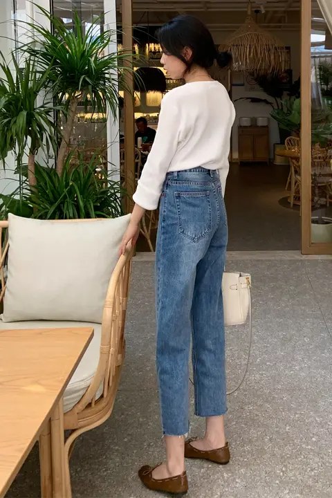 ハイウエストストレートデニムパンツ【フリンジデザイン・レディース・9分丈・レトロスタイル】