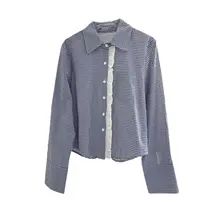 レースアクセントの青いチェック柄長袖シャツ【フレンチスタイル・女性用】