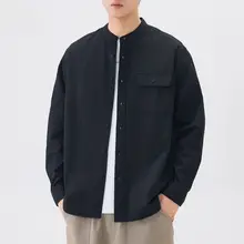 高密度コットン 立襟 シャツ【メンズ・長袖・春秋用・白・ヘンリーネック】