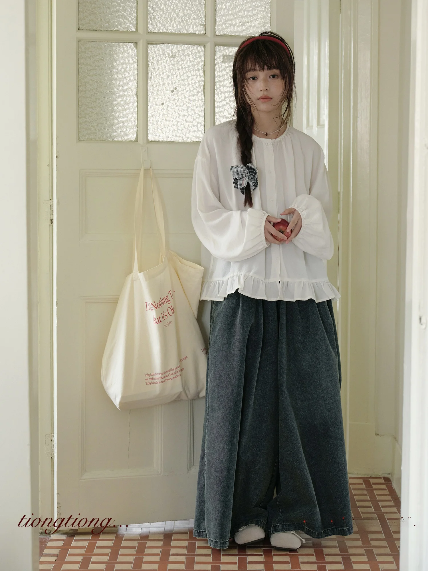 春用 フィットウエスト開きデニムパンツ 【極上の柔らかさ・スリム効果・ワイドレッグ】（セットアップ対応）