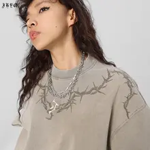 半袖Tシャツ メンズ コットン100% クルーネック ゴシック 棘モチーフ ウォッシュド加工 オーバーサイズ 厚手 アメリカン風 夏 「JHYQ」