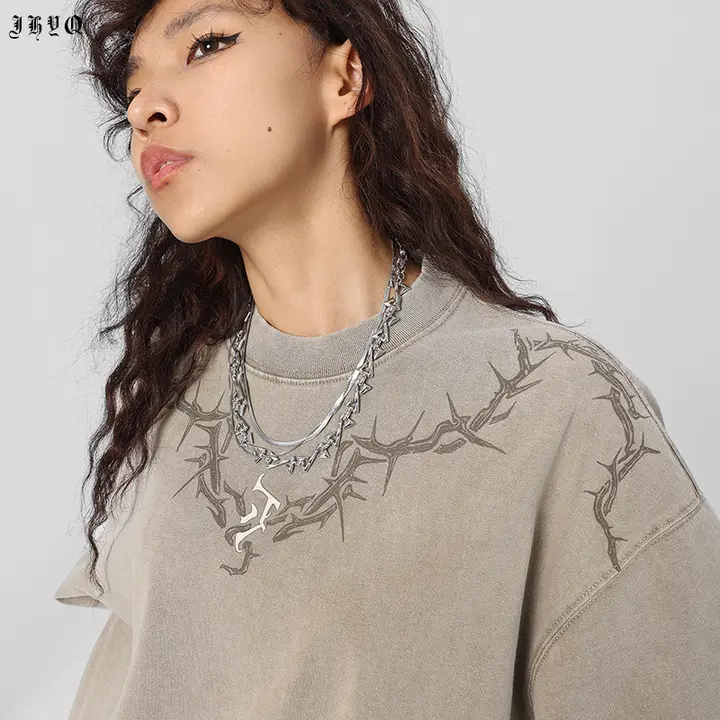 半袖Tシャツ メンズ コットン100% クルーネック ゴシック 棘モチーフ ウォッシュド加工 オーバーサイズ 厚手 アメリカン風 夏 「JHYQ」