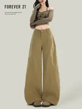 ワイドデニム レディース カーキ ハイウエスト ルーズ カーブド アメカジ ヴィンテージ 着痩せ 「Forever 21」