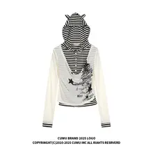 ストライプ柄猫耳フード付き長袖Tシャツ【春用・スリムフィット・メッシュデザイン】（セットアップ対応）