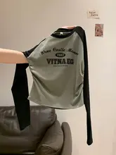 秋のアメリカンビンテージ風プリントロゴ長袖Tシャツ【ラウンドネック・ウエスト絞り・美しいシルエット】