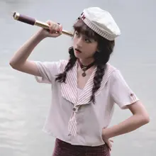 夏用セーラーシャツ【ピンクと白のストライプ・短袖】