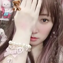 可愛い二重リボンデザインのパールビーズブレスレット【水晶装飾・女の子向け】