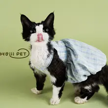 夏用チェック柄フリルパンプキンスカート【デボン猫用・かわいいデザイン・無毛猫用】
