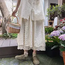 レースの花柄ミディスカート【ウエストゴム・コットン製・刺繍デザイン・ヴィンテージスタイル】