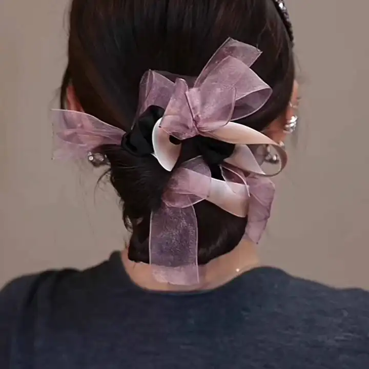 上品なネット素材の低いお団子用ヘアゴム【バタフライリボンデザイン・大サイズ】