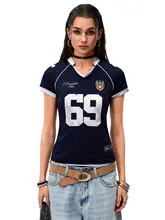 Vネックデザインの女性用スポーツTシャツ【フィット感・レトロスタイル・短袖】