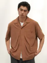 イエロー 軽量 しわになりにくい キューバ襟シャツ メンズ/普段着 用 レーヨン ライセル モダール ダブルプリーツ