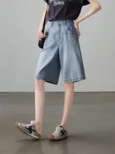 高腰デニムショートパンツ【女性用・薄手・フィット・フレアデザイン】（セットアップ対応）