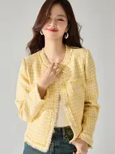 秋季 フランス風 イエロー ショート ツイードコート【エレガント・フリンジデザイン】